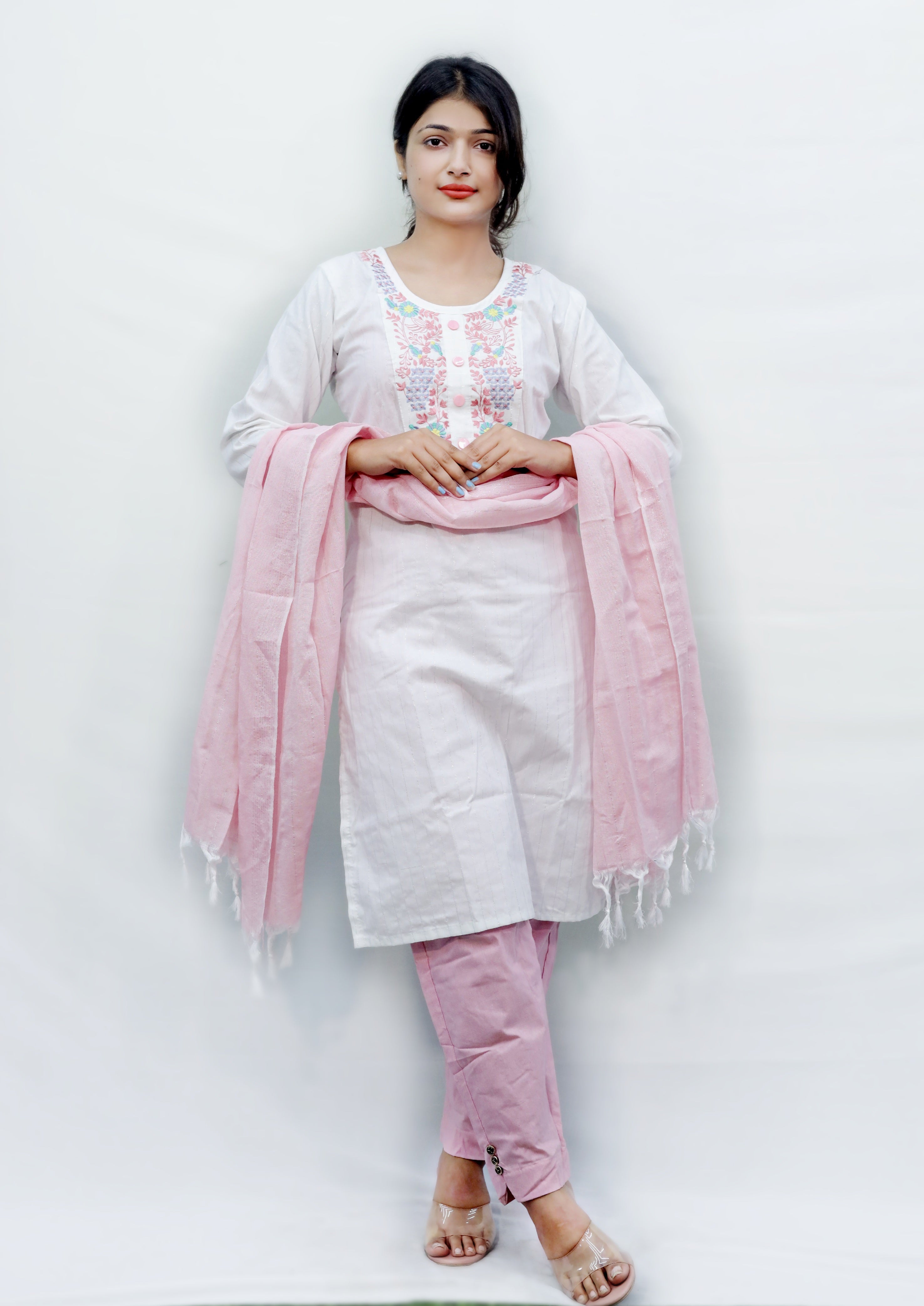 White V - Cut Neck Design Embroidery Kurti Set