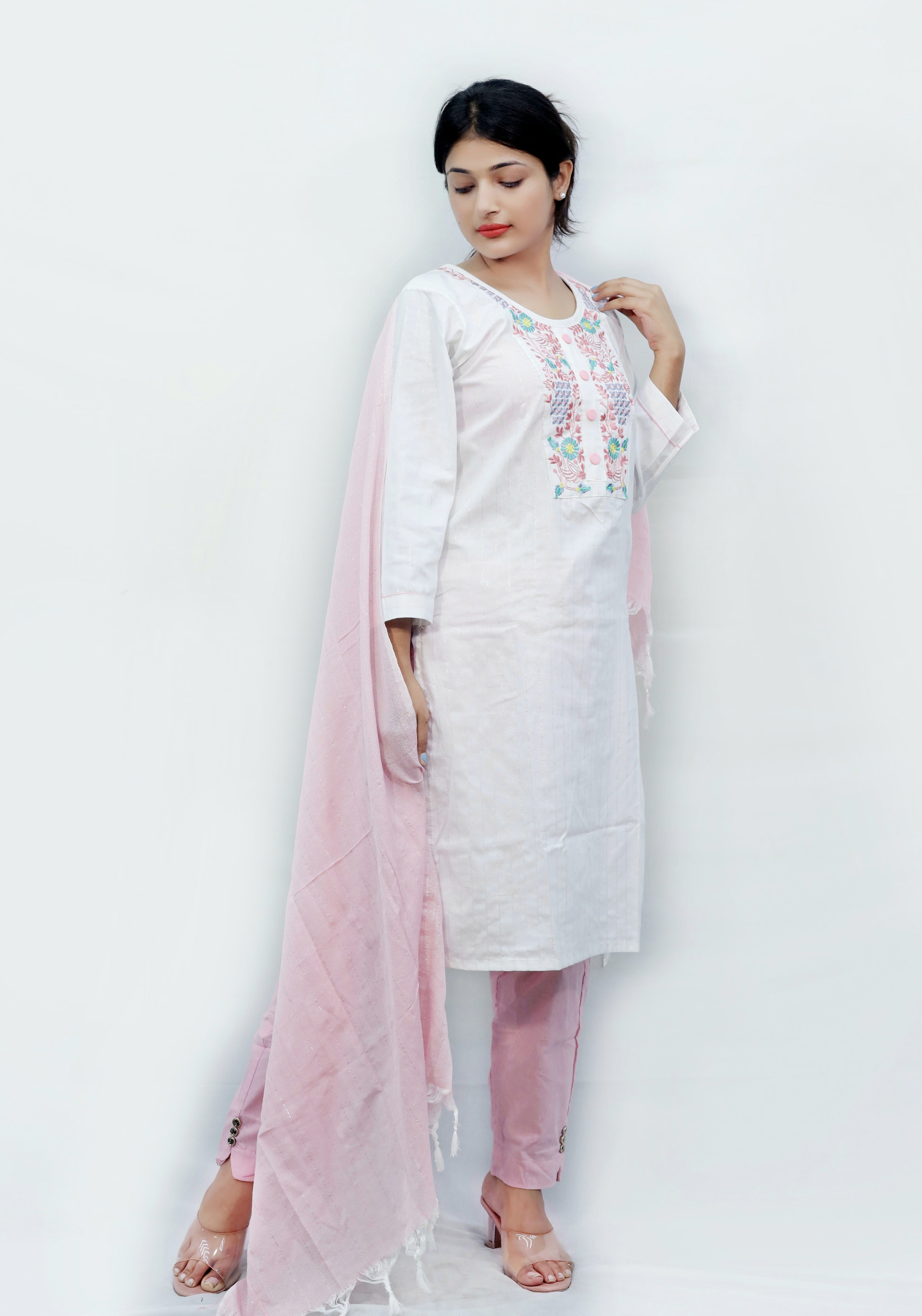 White V - Cut Neck Design Embroidery Kurti Set