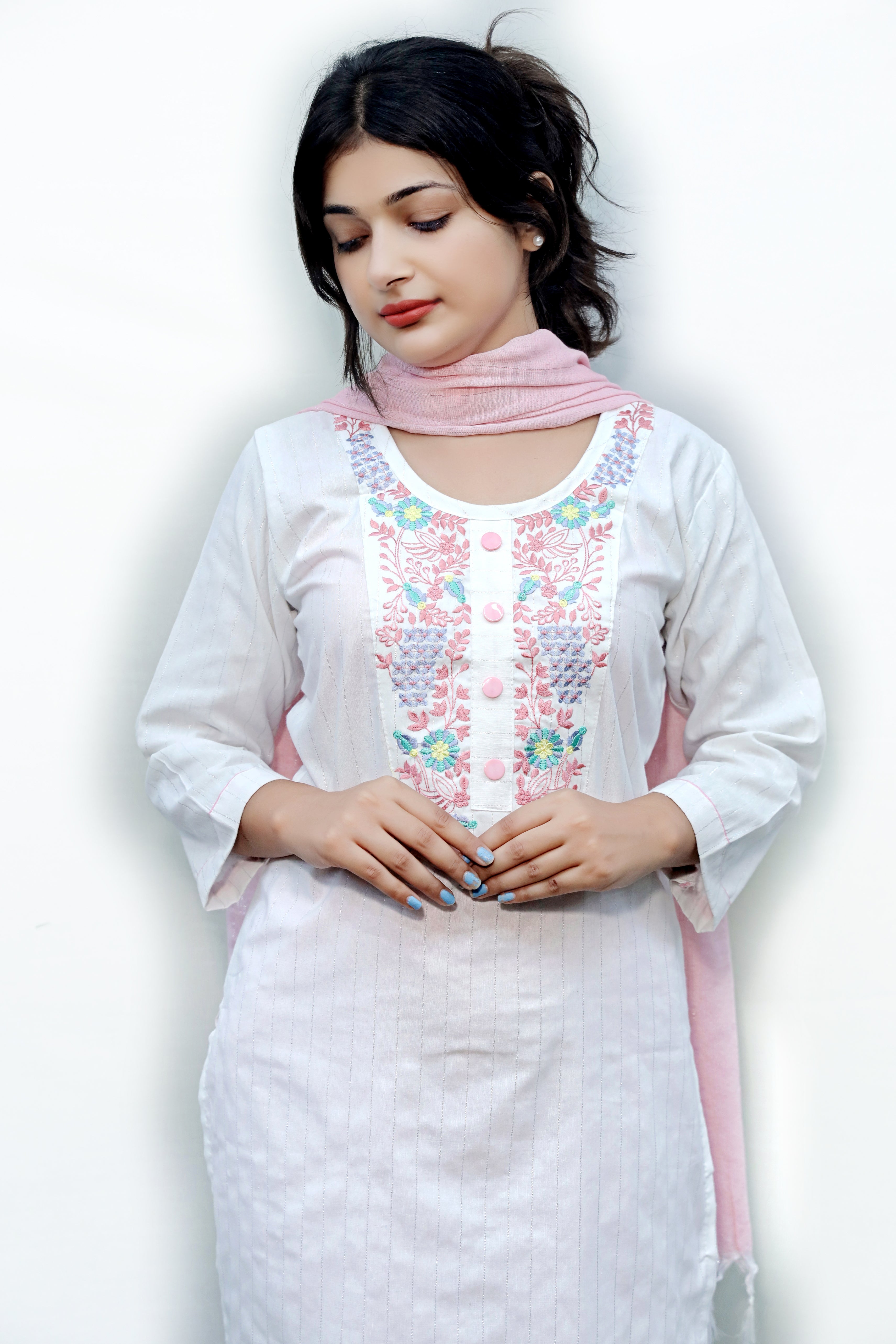 White V - Cut Neck Design Embroidery Kurti Set