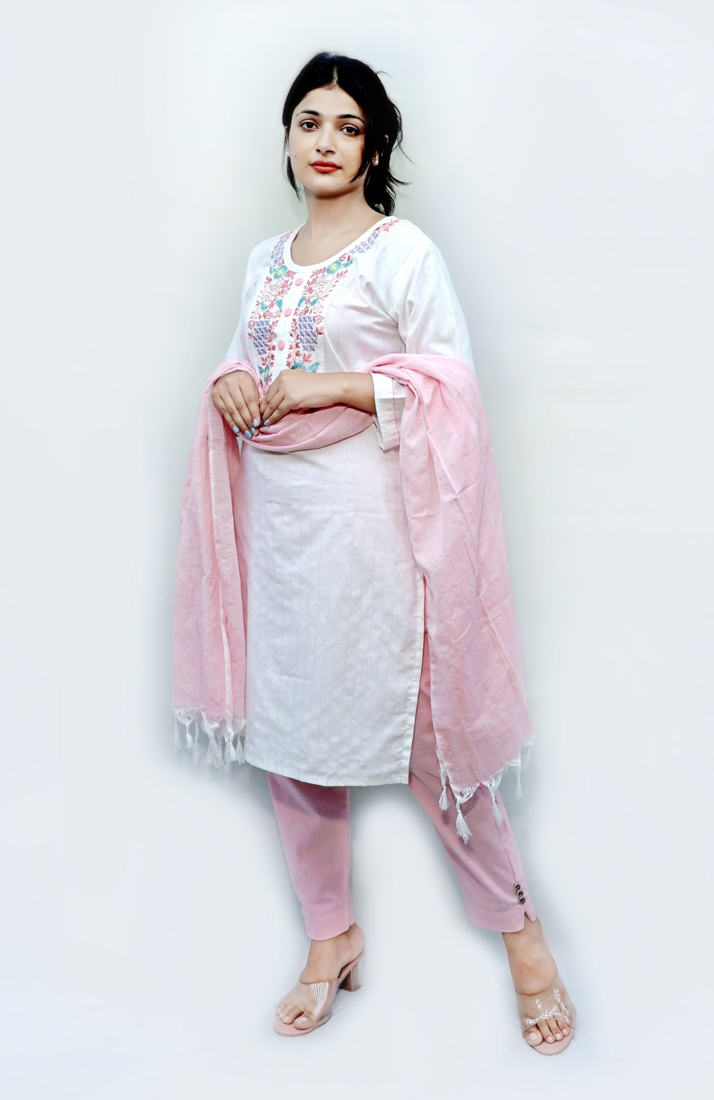 White V - Cut Neck Design Embroidery Kurti Set